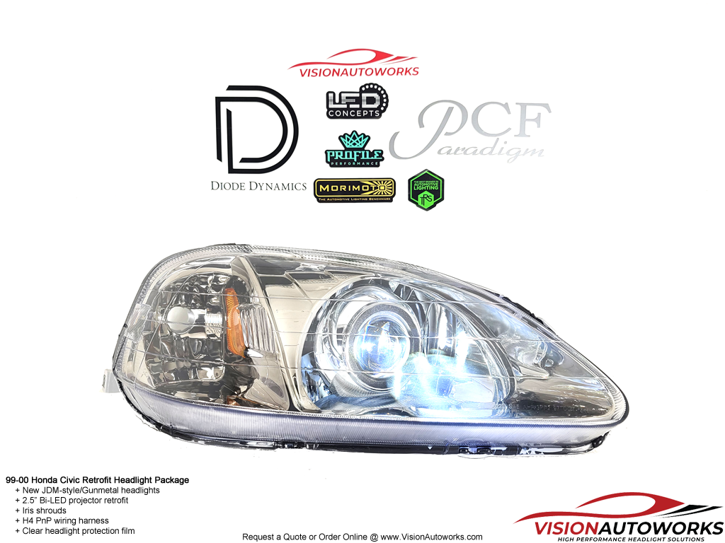Honda Civic EK 99-00 Retrofit Custom Headlights - Bi-LED projector, Iris shrouds