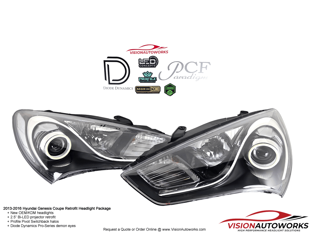 2013-2016 Hyundai Genesis Coupe - 2.5" Bi-LED, Pivot switchback halos, Diode demon eyes