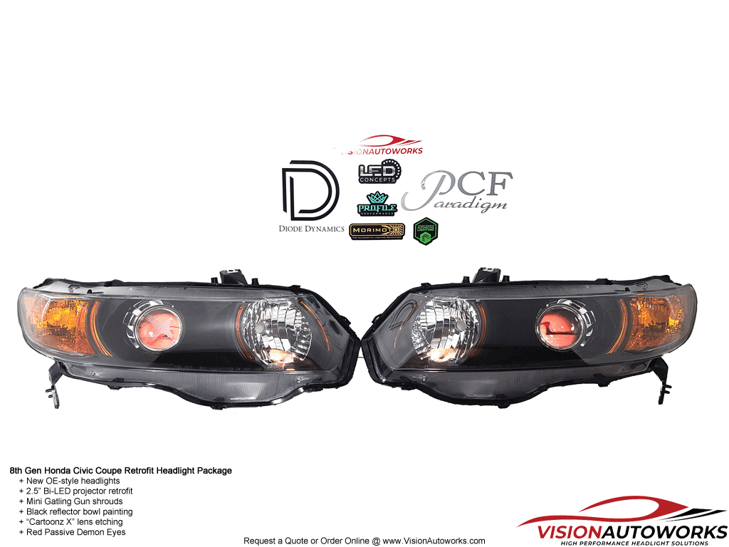 8th Civic Coupe FG2 Retrofit Headlights - 2.5" Bi-LED, Passive Demons, Etching, Blackout Reflector