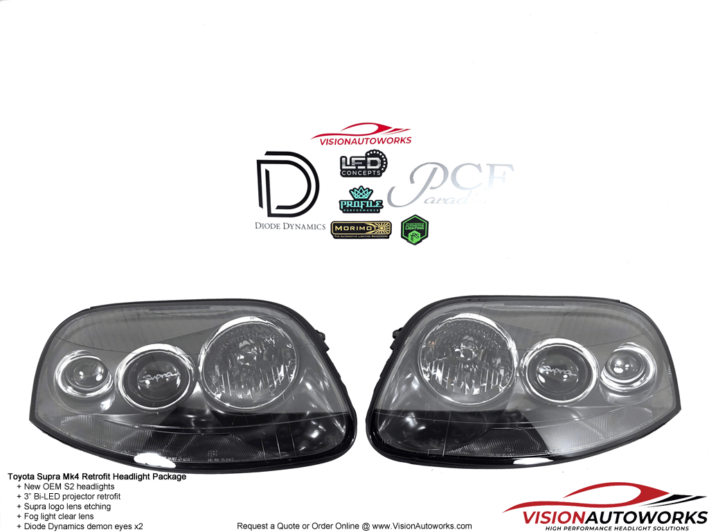 Toyota Supra Mk4 - 3" Bi-LED, Diode Dynamics Demon Eyes, Supra Lens Etching, Fog light clear lens