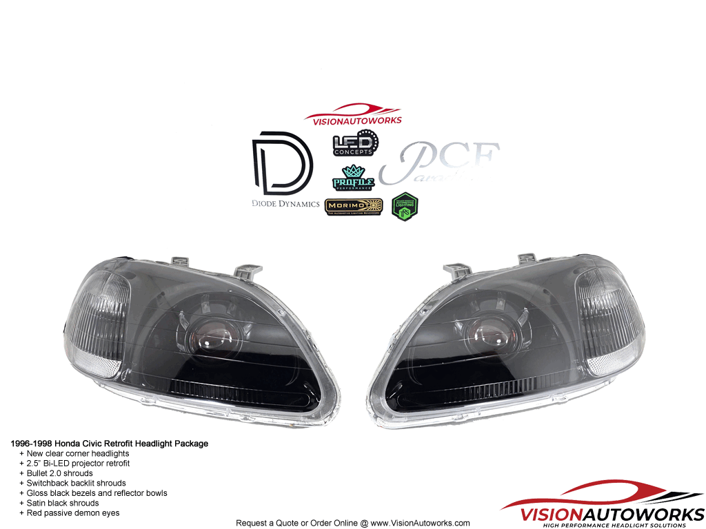 96-98 Honda Civic - 2.5" Bi-LED, Bullet 2.0, Blackout, Backlit shrouds, Red passive demon eyes
