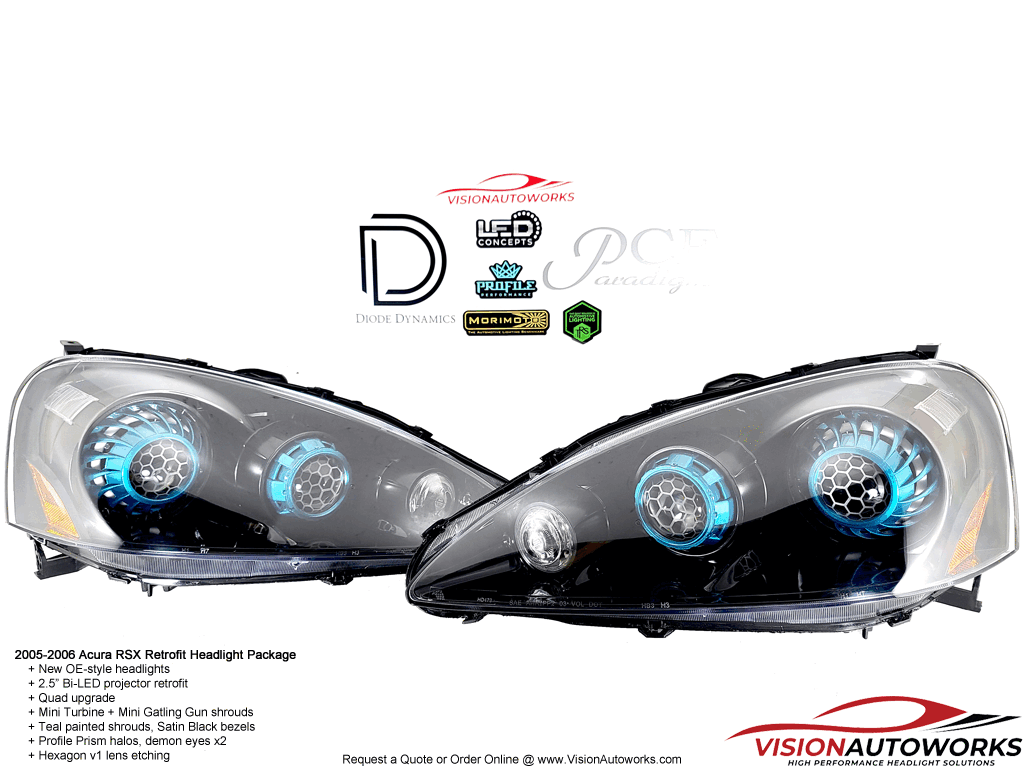 05-06 Acura RSX Retrofit Headlights - 2.5" Bi-LED quad, Lens Etching, Custom Paint