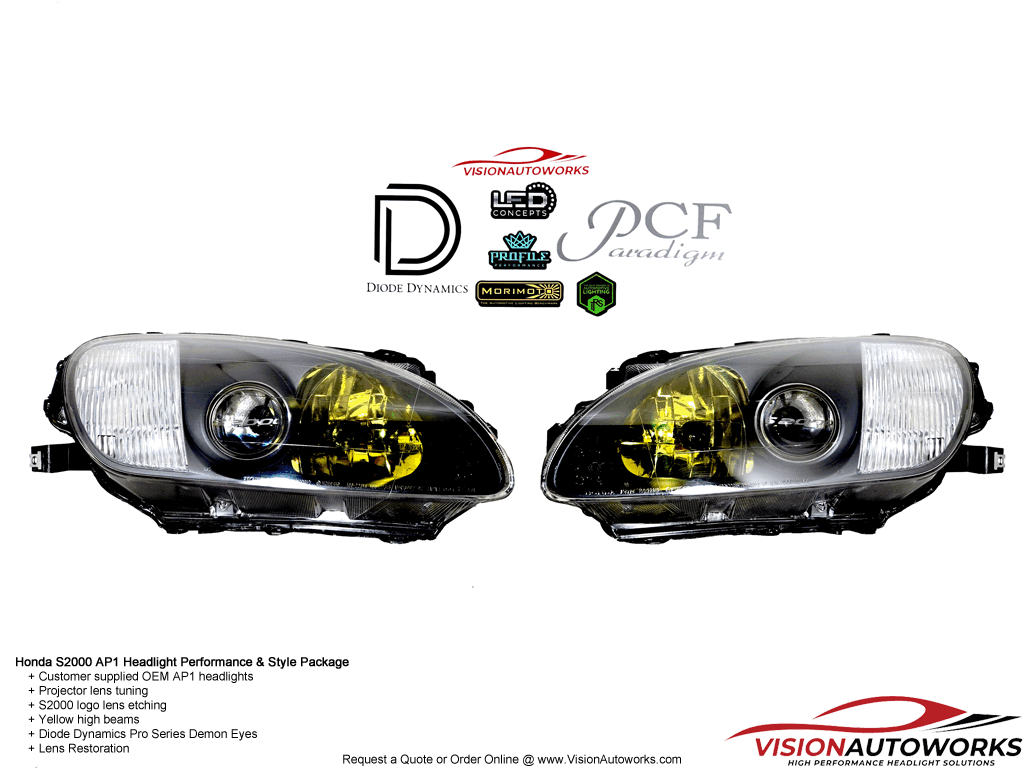 Honda S2000 AP1 - Projector tuned, clear corners, yellow high beams, lens etching, Diode Demons