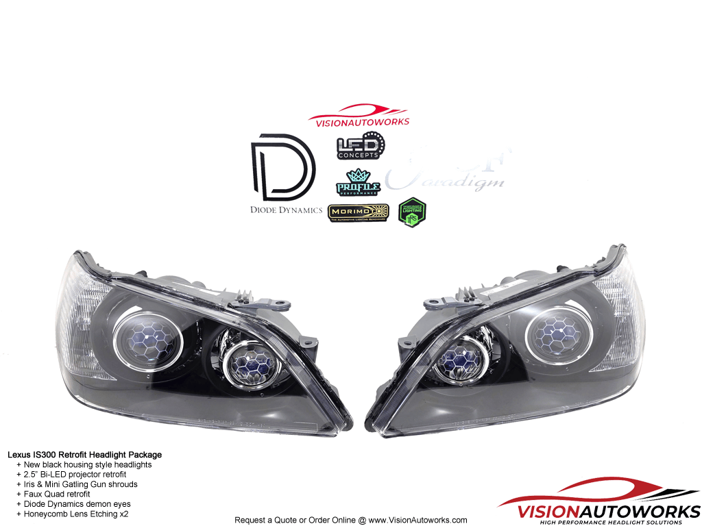 Lexus IS300 - 2.5" Bi-LED, Iris, Faux Quad, Mini GG, DD demons, Honeycomb etching
