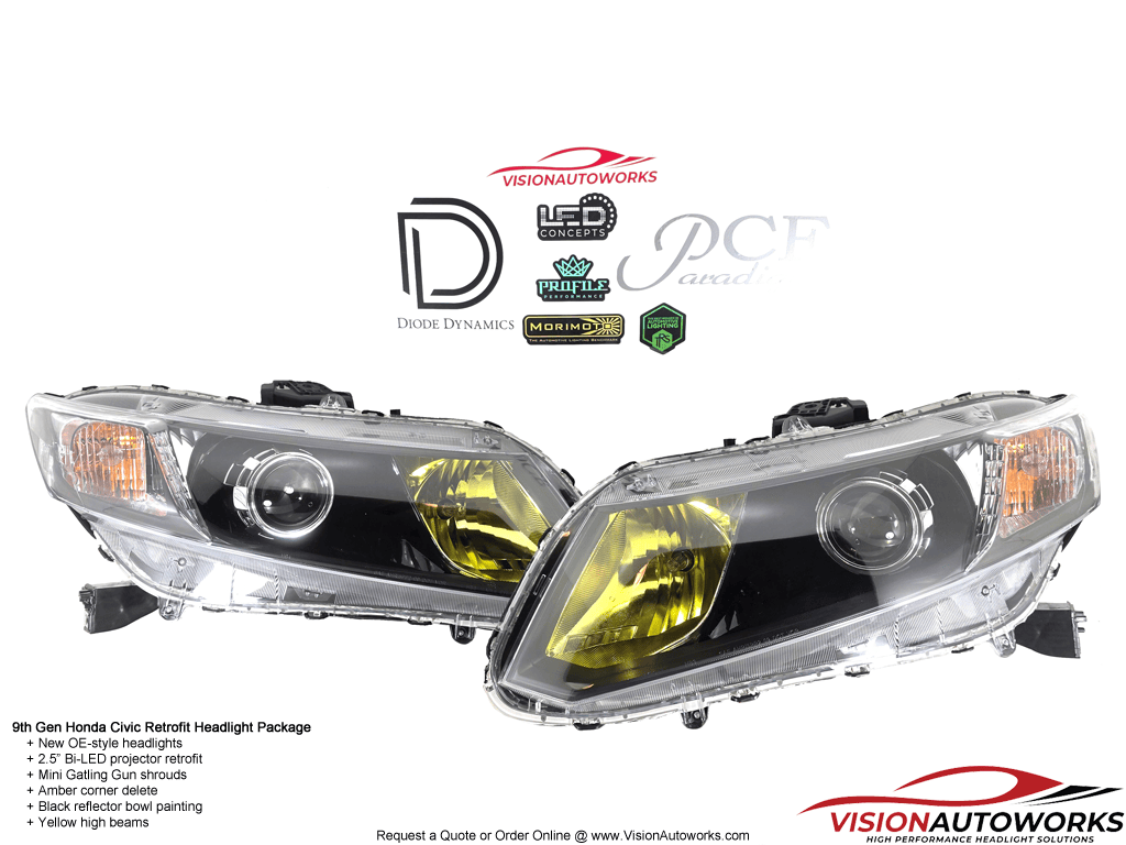 9th Civic FB6 - 2.5" Bi-LED, Mini GG, black reflector, yellow high