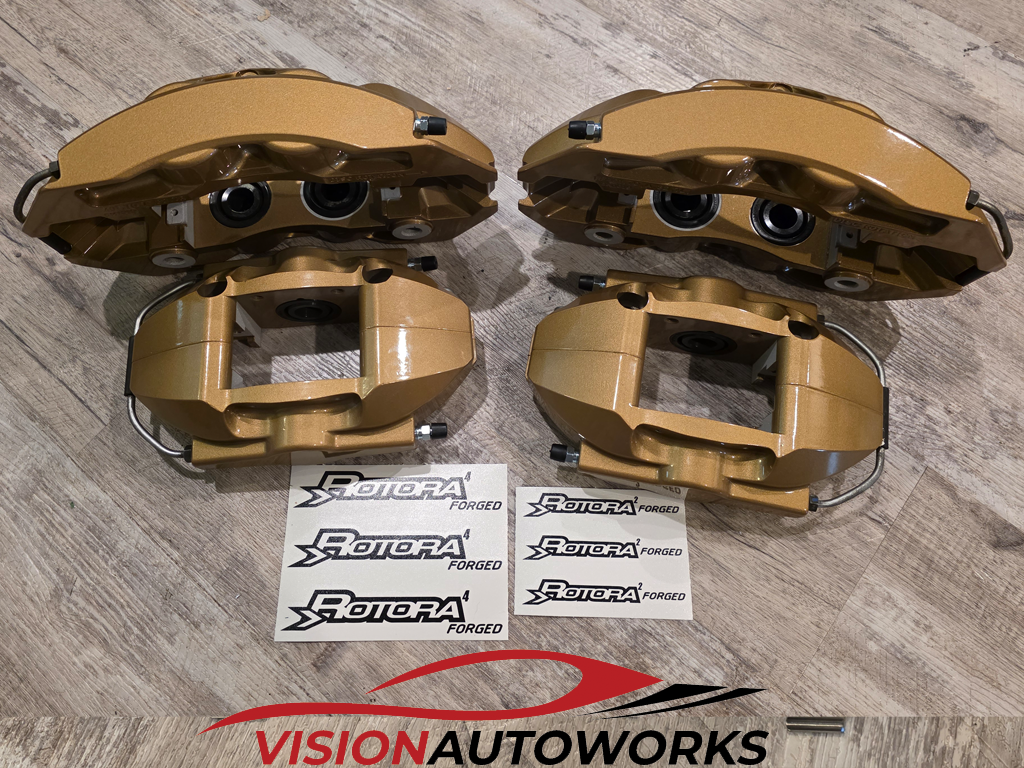 Rotora 4/2-pot caliper rebuild + powdercoat Prismatic Gold