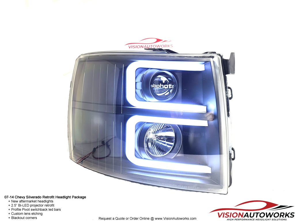 Chevy Silverado 07-14 - 2.5" Bi-LED projectors, Lens Etching, Blackout corners, Switchback DRL